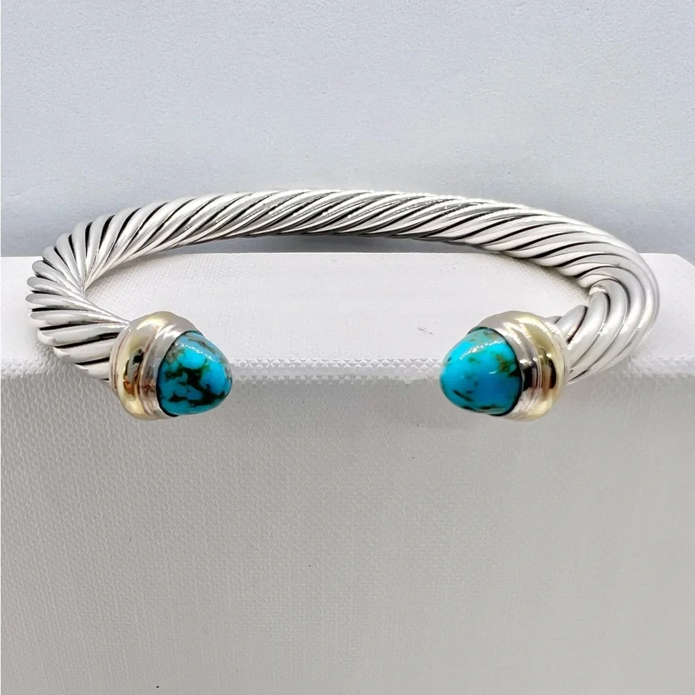 David Yurman Sterling Silver & 14K Gold Turquoise Cable Bracelet - Picture 4 of 14